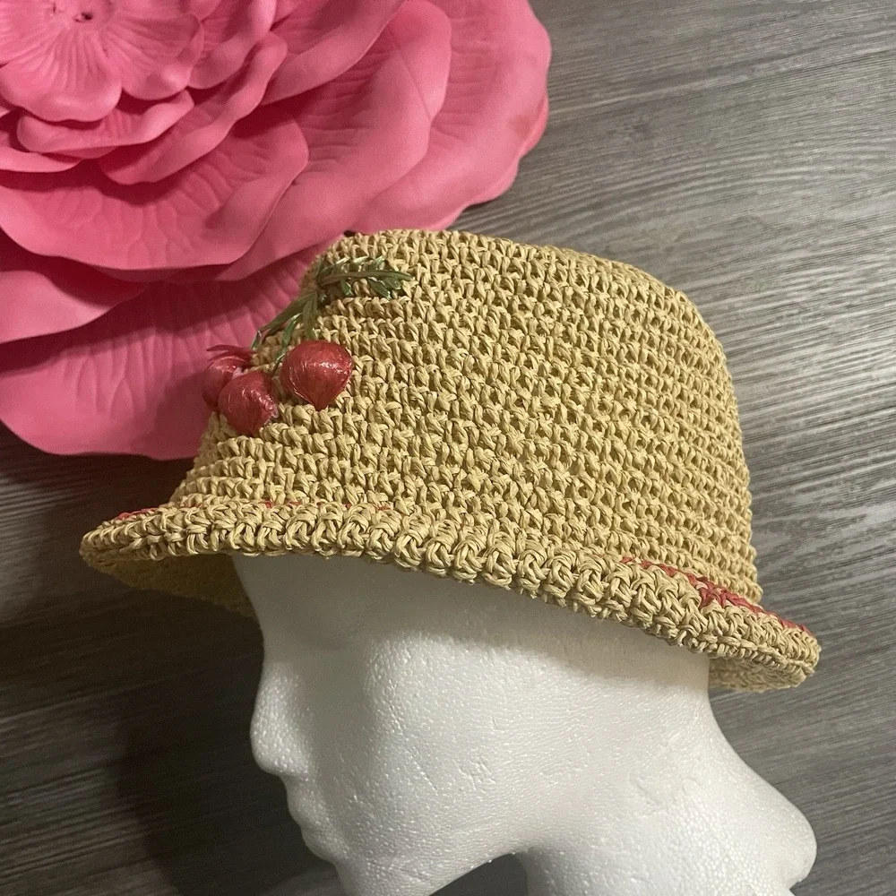 APRIL CORNELL 100% Straw Hat Stitched Cherries Collapsible Packable‎ Woven